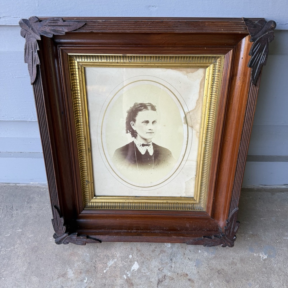 Antique Victorian Walnut Deep Well Picture Frame Carved Leaf Corners Gold Liner